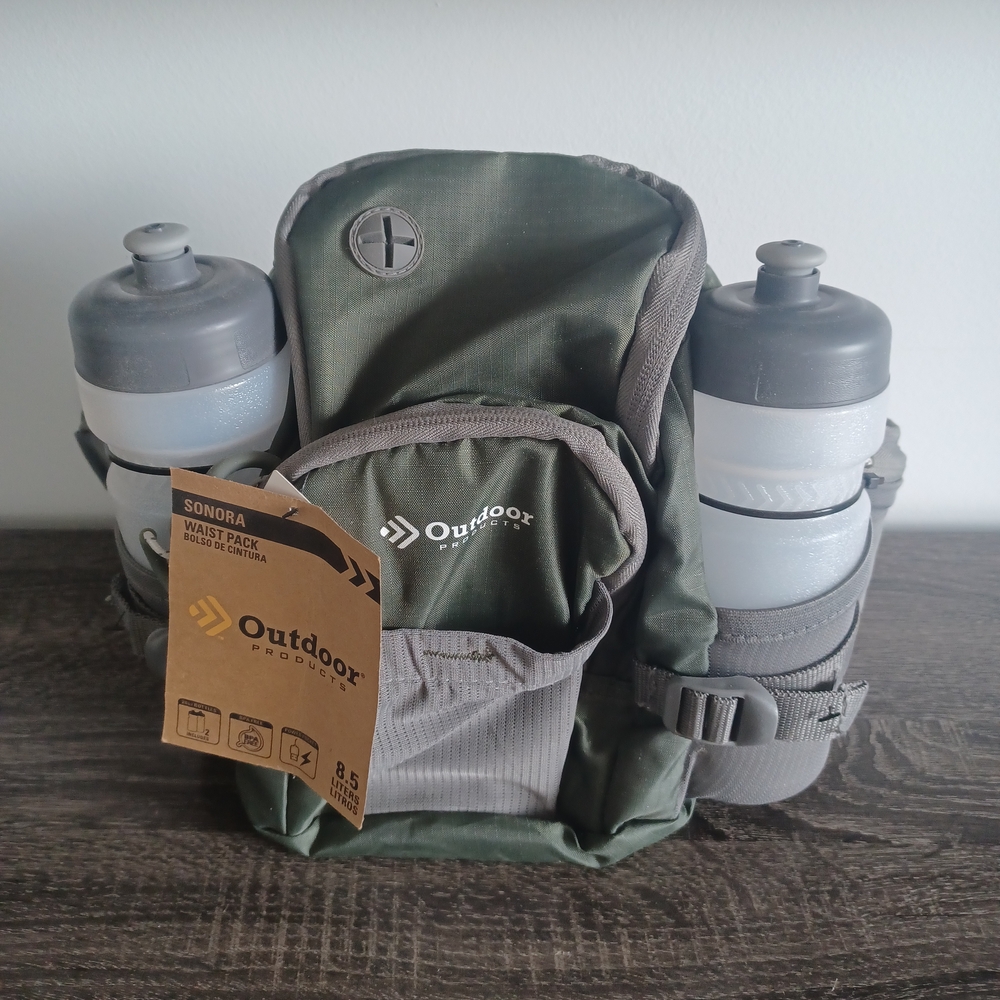 Gray and Green Belt Bag with Dual Water Bottles